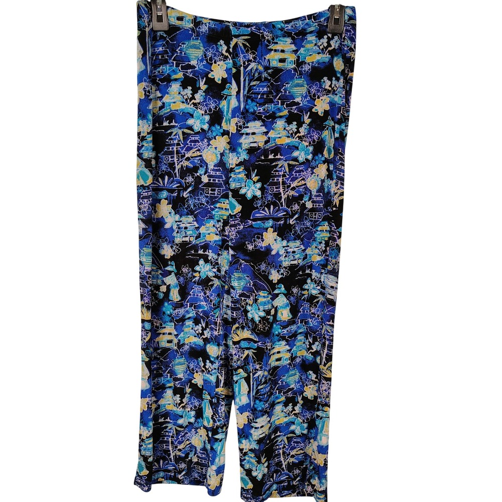 Chicos Womens SZ 0 Travelers Pagoda Floral Print Pants Blue Black Art To Wear